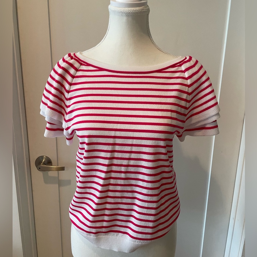 NWT Express Pink/ red ruffled short sleeved shirt